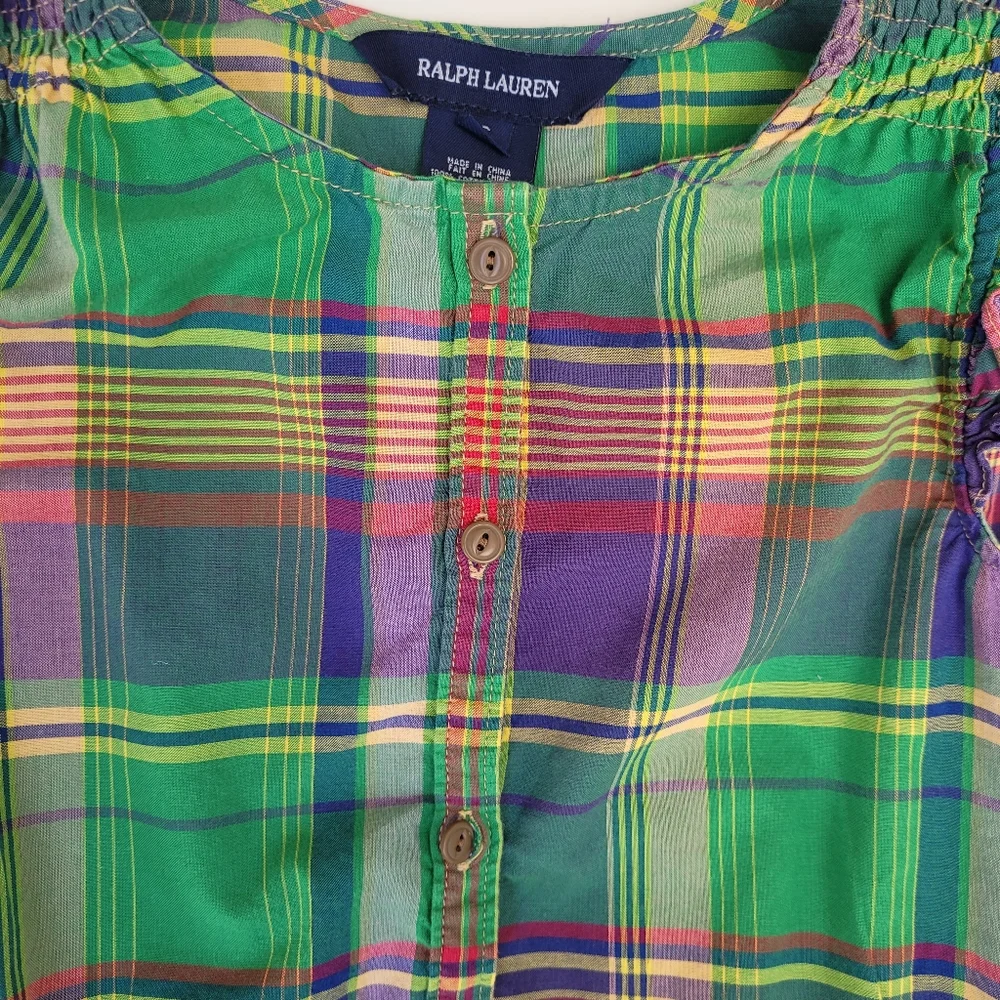 Ralph Lauren plaid ruffle button down sleeveless blouse